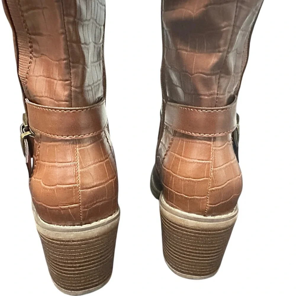 Brown Faux Leather Knee High‎ Boots Women's Buckle Detail Crocodile Embossed